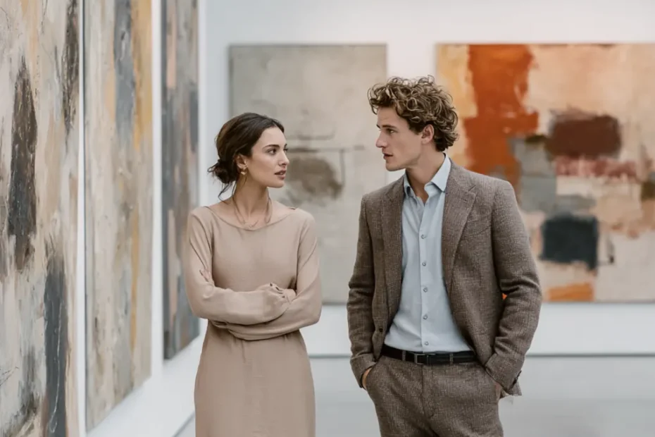 A cultured couple aged 35+, standing in a private contemporary art gallery