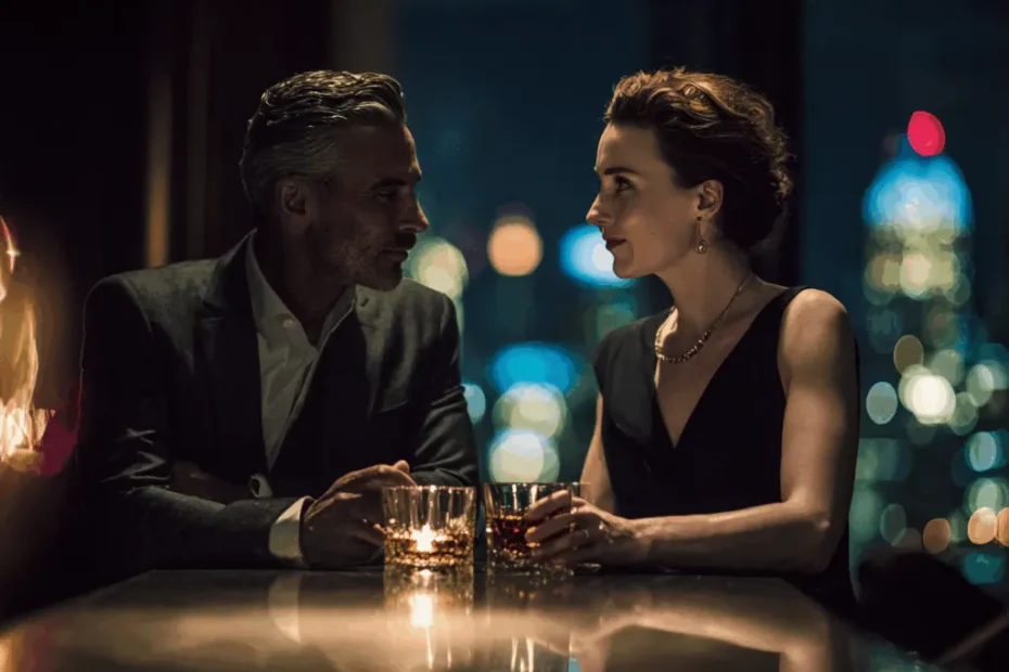 A refined couple aged 35+, sitting at a luxurious hotel bar at night