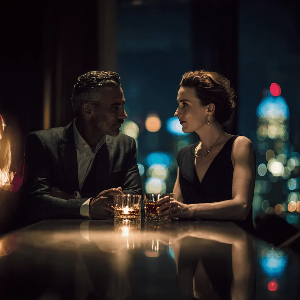 A refined couple aged 35+, sitting at a luxurious hotel bar at night