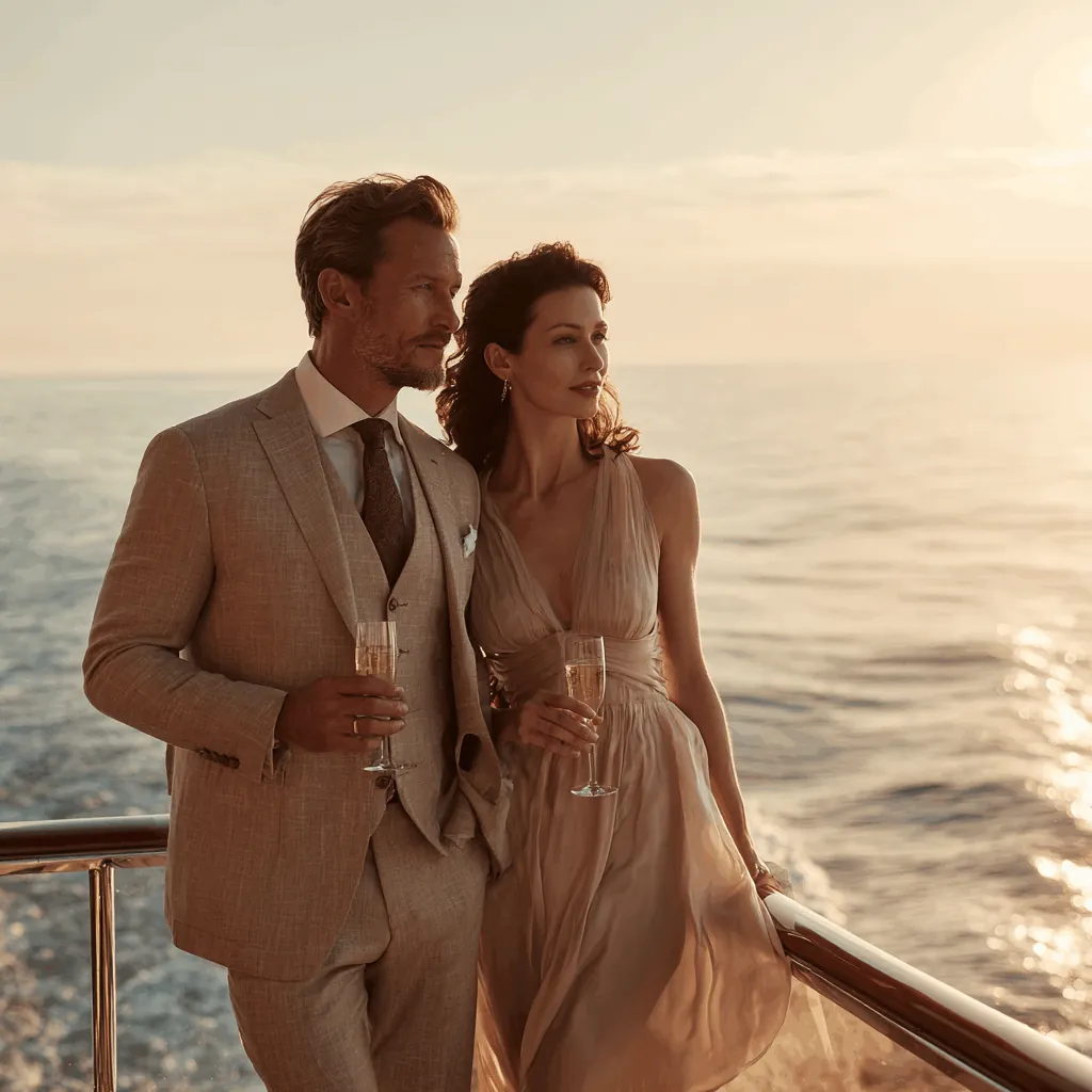 couple aged 35+, standing on a luxury yacht