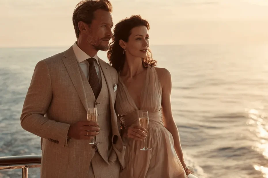 couple aged 35+, standing on a luxury yacht