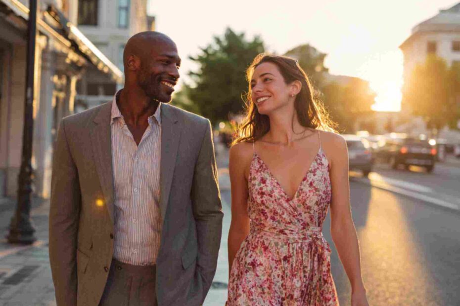 A couple is walking side by side