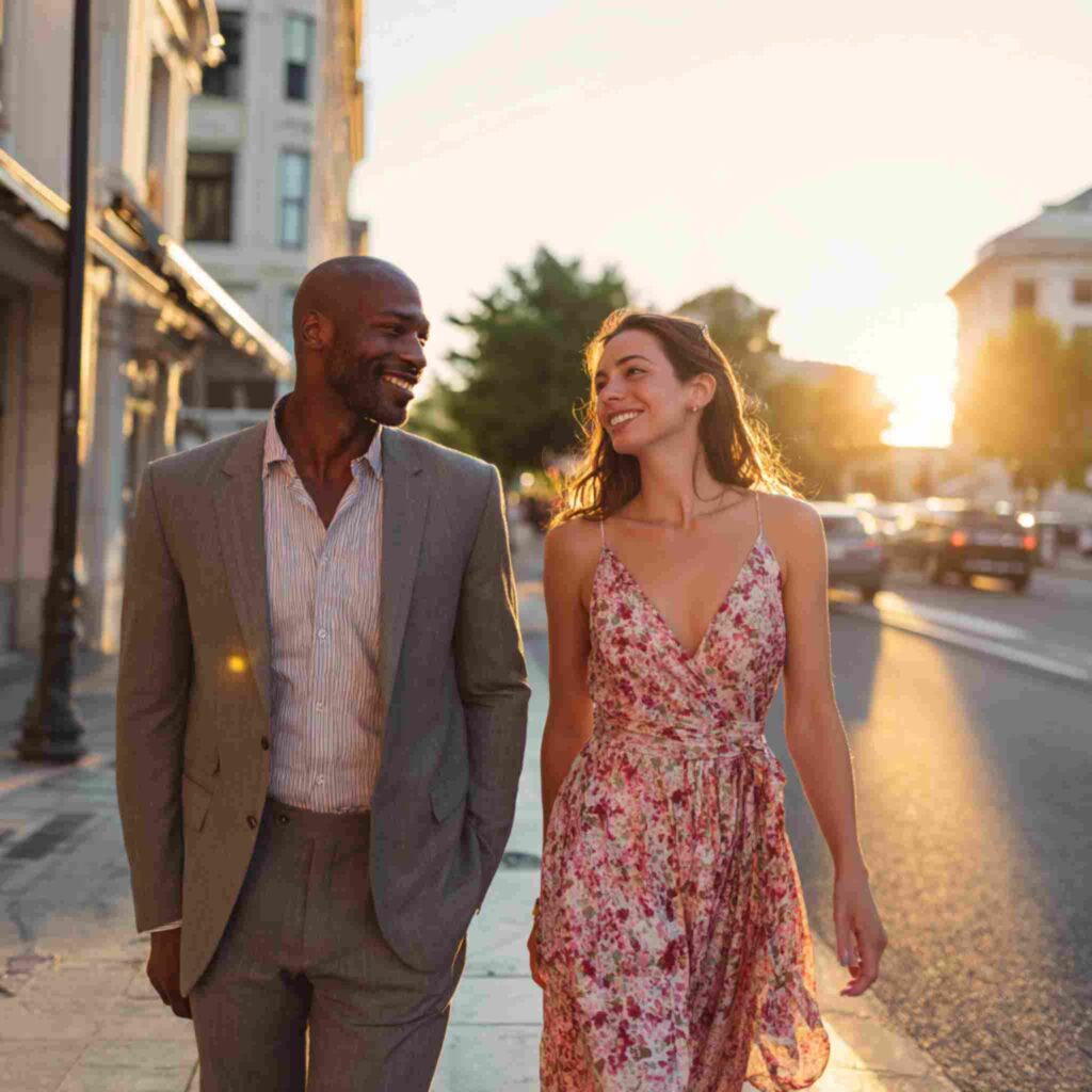 A couple is walking side by side