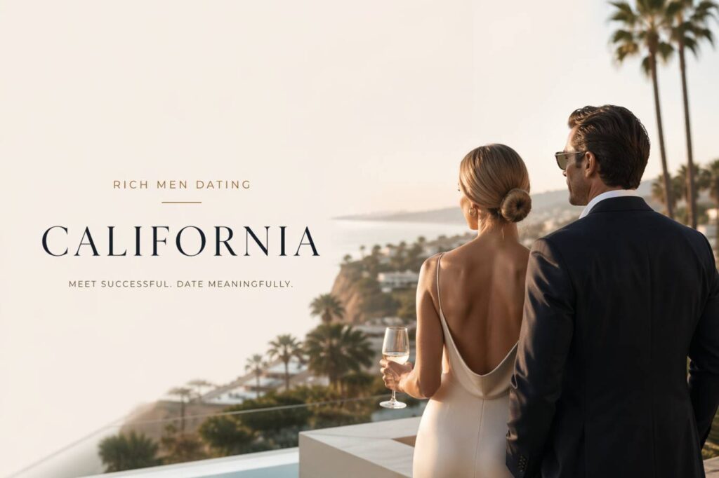 Elegant couple overlooking a luxury California coastline terrace during sunset, representing rich men dating in California and upscale relationships.