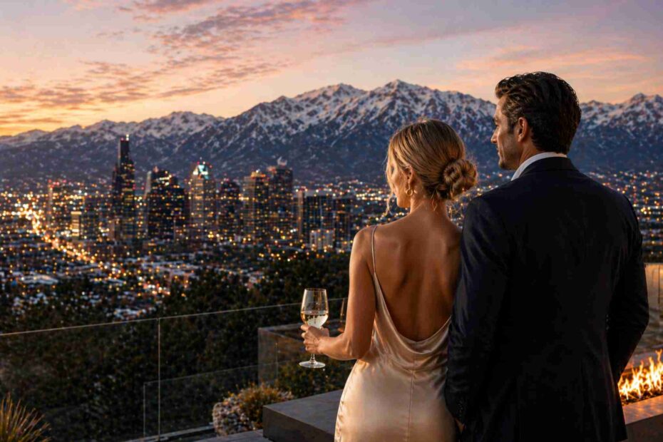 Elegant couple in formal attire standing on a terrace at sunset, overlooking a city skyline with mountains in the background, holding a glass of wine and enjoying a quiet, romantic moment.