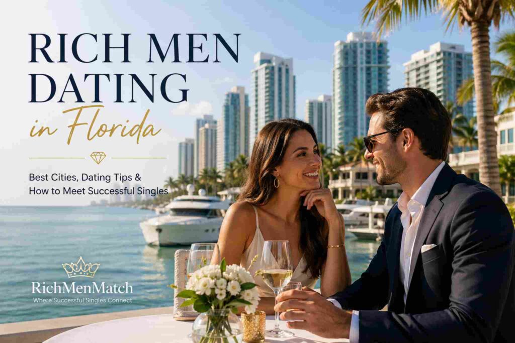 Luxury couple enjoying a waterfront date in Florida with yachts, palm trees, and Miami skyline, representing rich men dating in Florida.