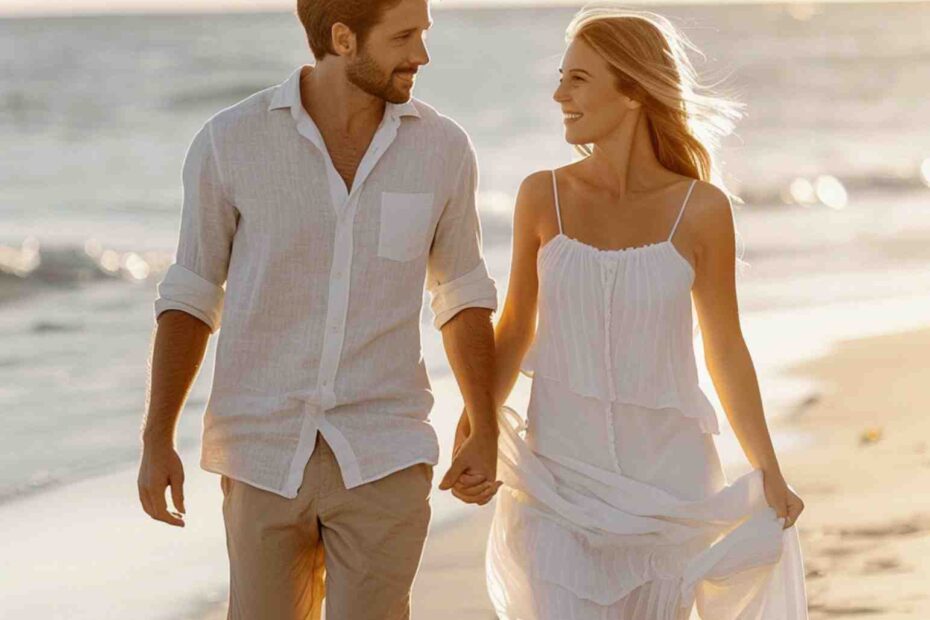 44-year-old American couple walking along the beach at sunset.