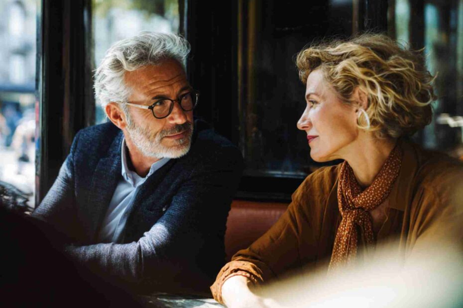 a well-dressed mature man and an attractive woman sitting in a stylish modern cafe