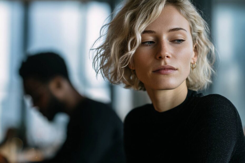 a 35-year-old elegant woman sitting in a modern cafe near a window,
