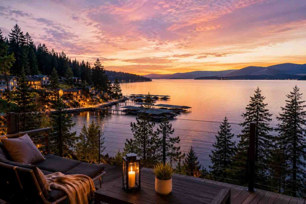 sunset lakefront luxury homes with mountain views and peaceful waterfront marina at dusk