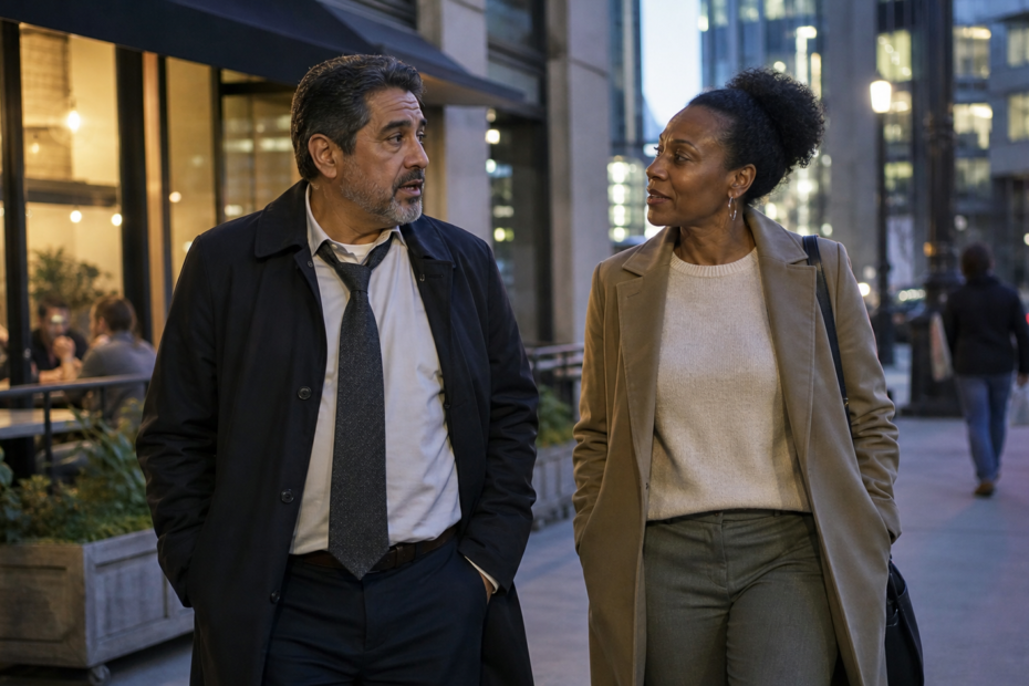 Busy business leader and professional partner making time for conversation after work