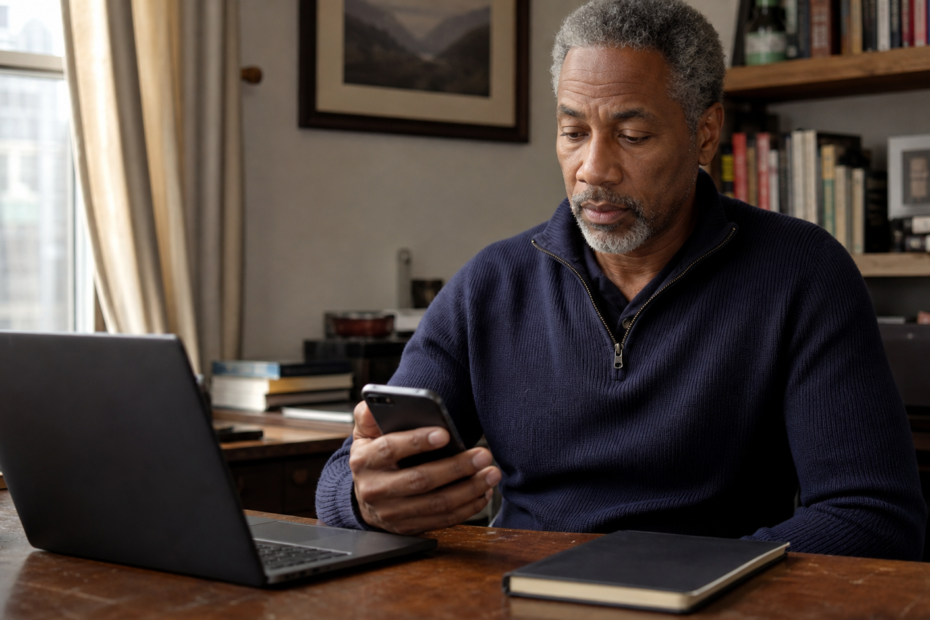 Successful man reviewing online dating privacy settings in his home office