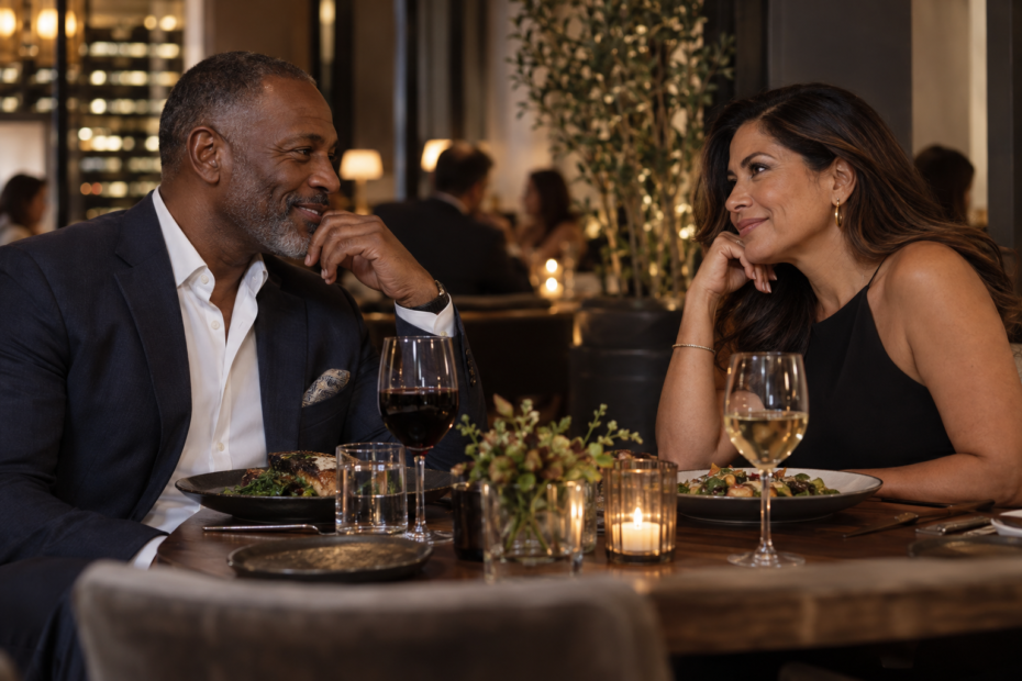 Successful mature couple having a private dinner conversation in an elegant restaurant