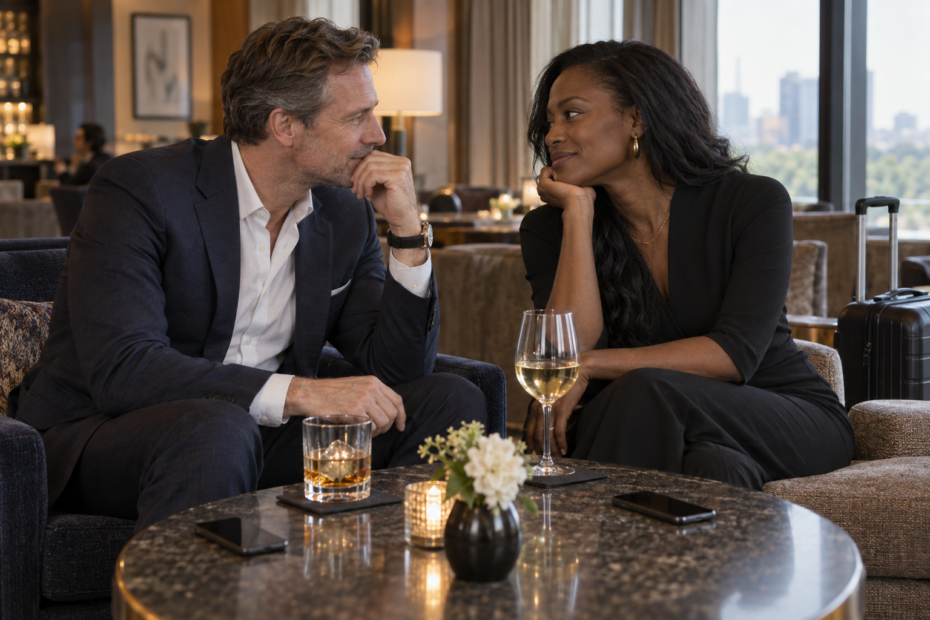 Professional couple reconnecting in a quiet hotel lounge after business travel