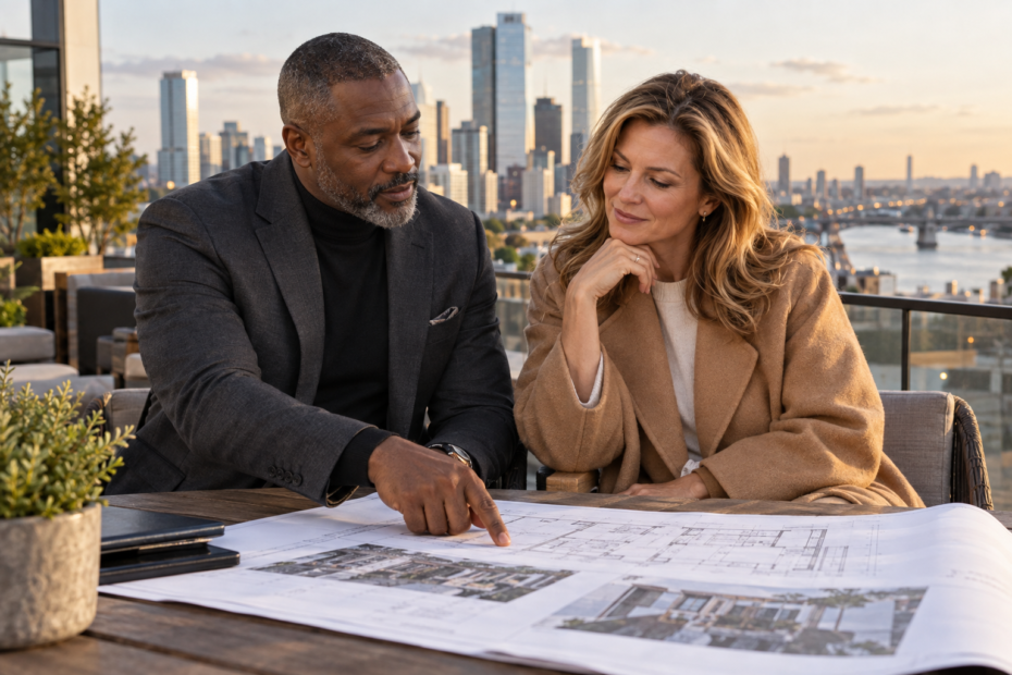 Successful couple discussing property plans on a refined city rooftop terrace