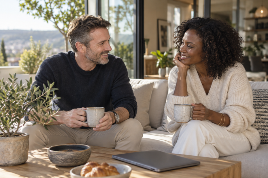 Professional couple sharing relaxed weekend coffee beside a closed laptop