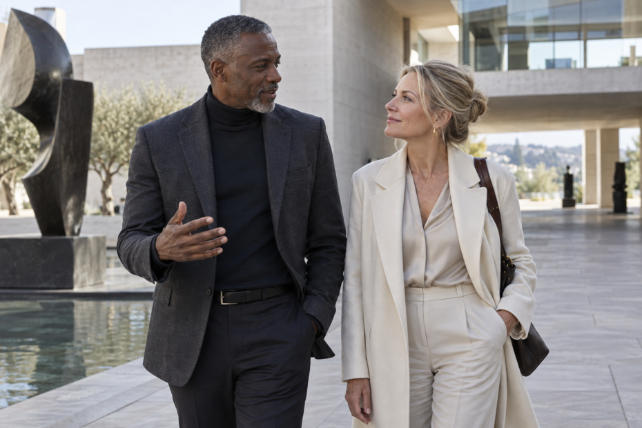 Successful mature couple discussing architecture in a contemporary museum courtyard